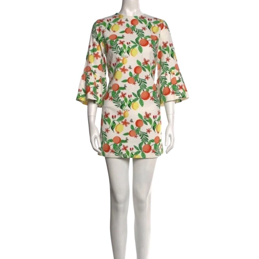 CATHERINE PREVOST $795 Cotton Linen White Lemon Print Dress Trumpet 3/4 Size S